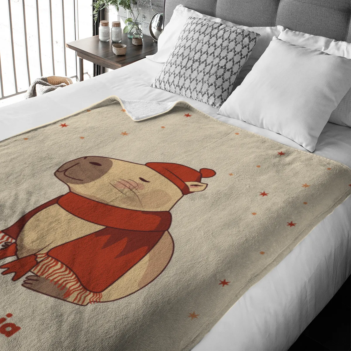 Wohndecke mit Namen personalisierbar, Kuscheldecke, niedliche Namensdecke mit Capybara, Geschenkidee Geburtstag Motiv Capy Wintermütze 140 x 200 cm