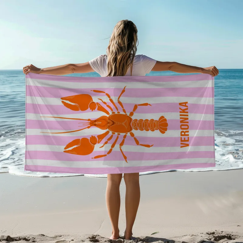Badetuch blau gestreift mit Hummer - mit Namen personalisierbar - personalisiertes Namens-Badetuch - Strandtuch mit Wunschtext - Lobster blau