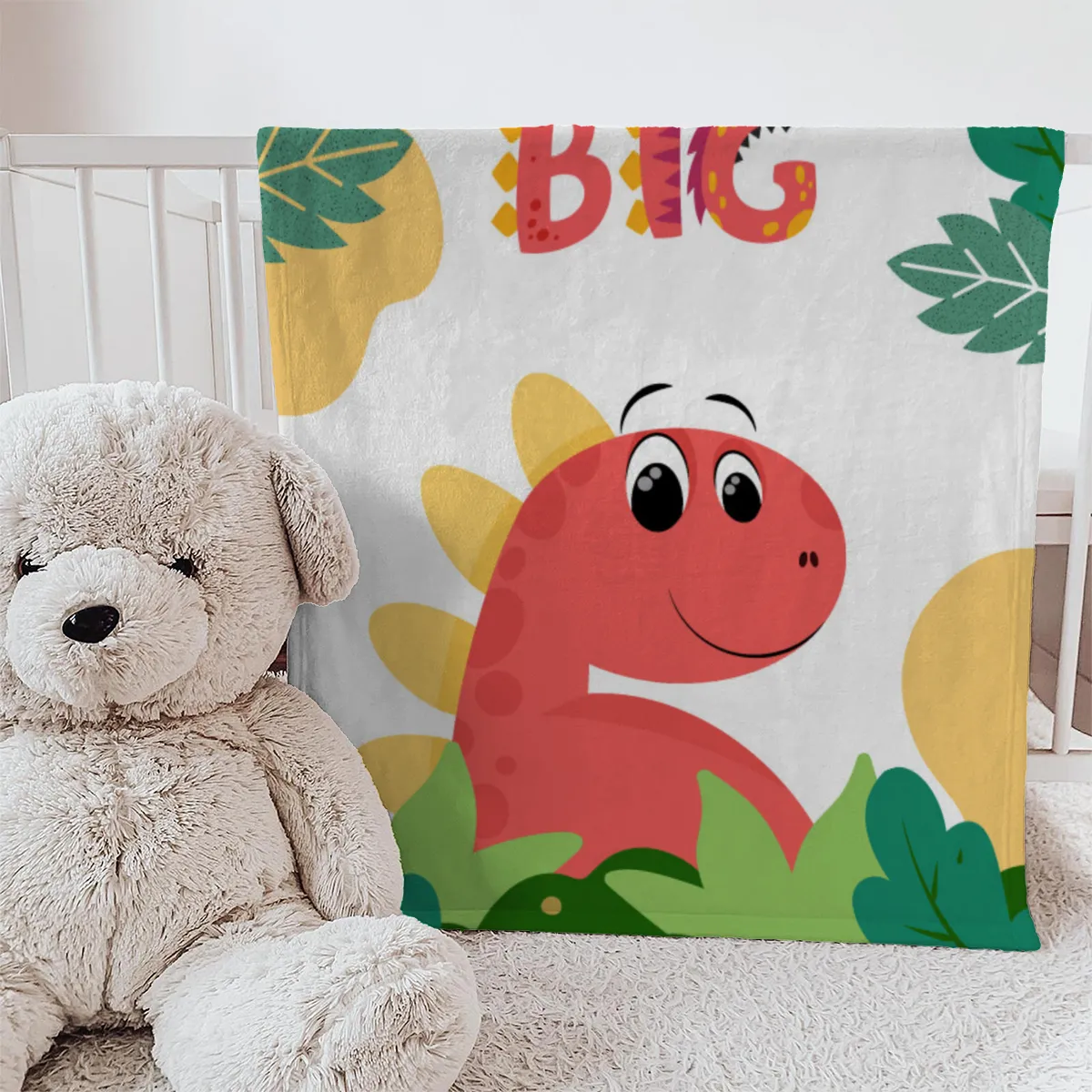 Wohndecke Dream big mit Namen personalisierbar, Kuscheldecke, Namensdecke mit niedlichem Dino, Geschenkidee Geburtstag Motiv Dino rot 140 x 200 cm