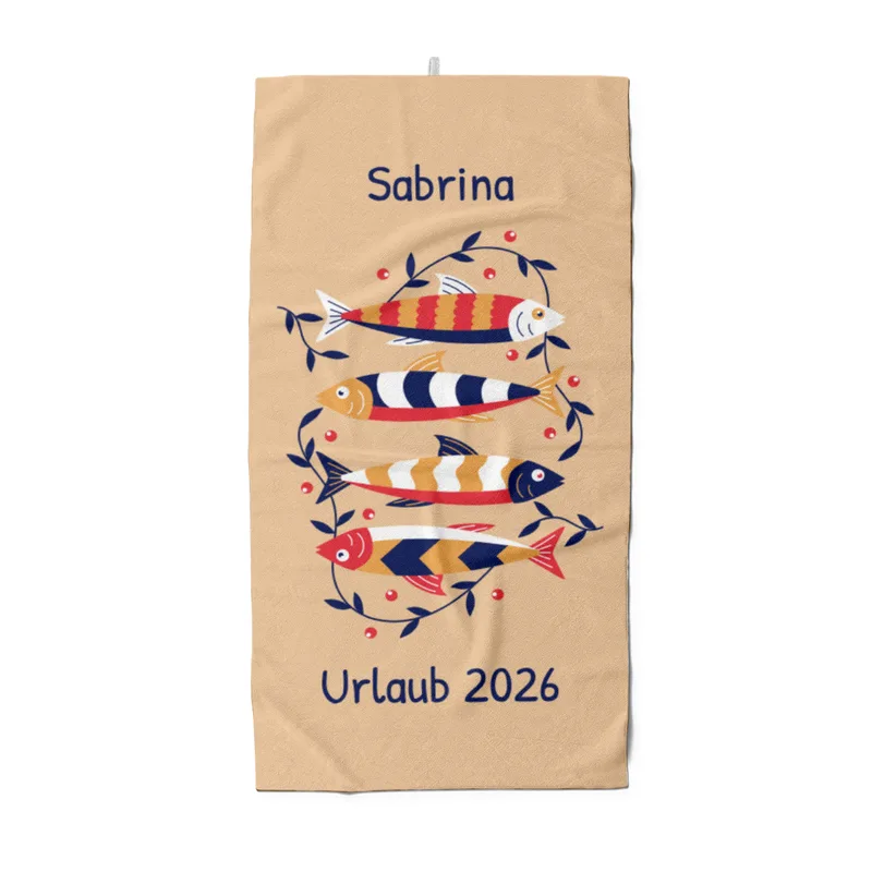 Badetuch mit Namen personalisierbar - personalisiertes Namens-Badetuch - Strandtuch mit Wunschtext - Sardinen floral
