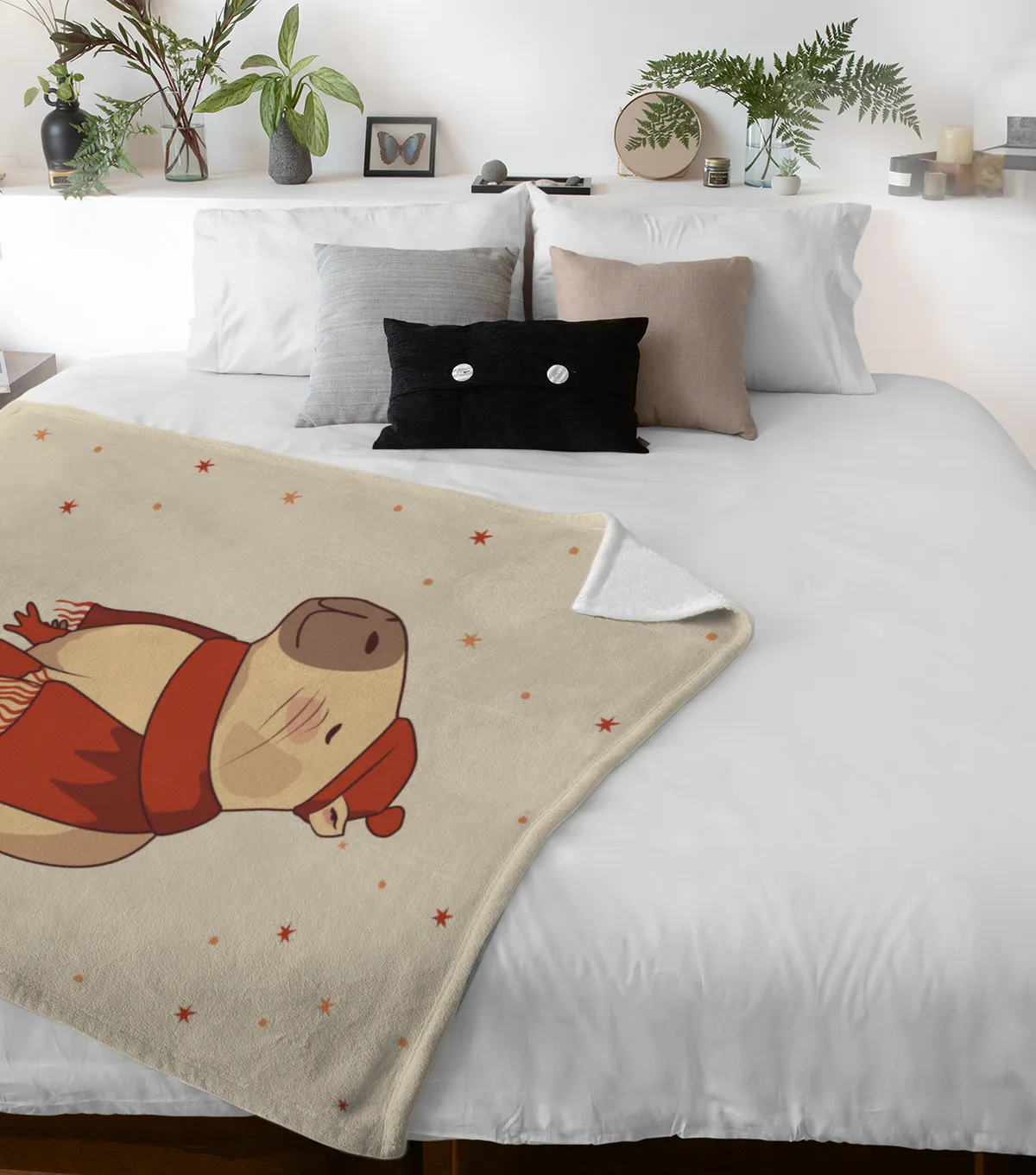 Wohndecke mit Namen personalisierbar, Kuscheldecke, niedliche Namensdecke mit Capybara, Geschenkidee Geburtstag Motiv Capy Wintermütze 140 x 200 cm
