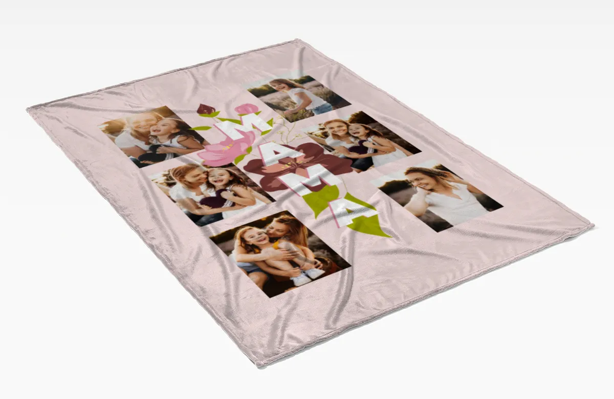 Kuscheldecke Mama Blüten 140 x 200 cm - mit 6 Fotos personalisierbar - Fotodecke selbst gestalten - Geschenkidee Muttertag Mama Blüten 6 Fotos 140 x 200 cm
