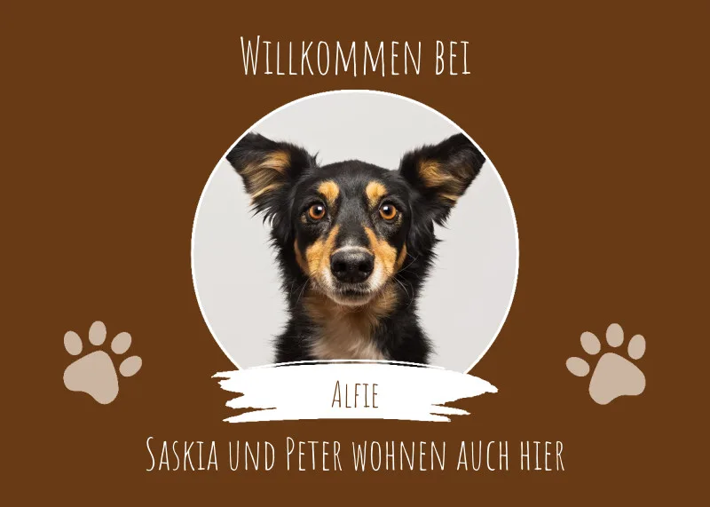 Fußmatte Willkommen mit Pfotenabdrücken personalisiert mit Foto und Text - Geschenkidee für Familie, Paare, zum Einzug - Türvorleger mit Bild und Namen bedruckt Willkommen Pfoten 1Bild-3Texte 70 x 50 cm