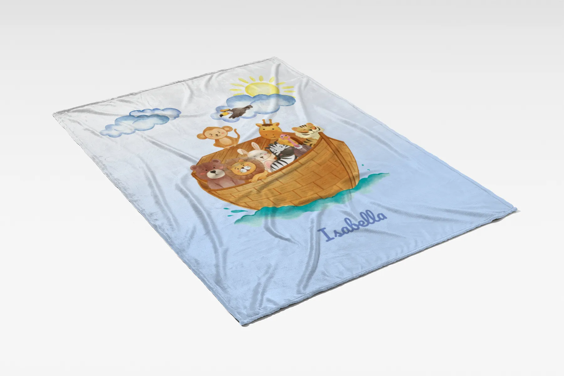 Wohndecke mit Namen personalisierbar, Kuscheldecke, Namensdecke mit niedlichem Tiermotiv, Geschenkidee Geburtstag Motiv Tiere Arche 140 x 200 cm