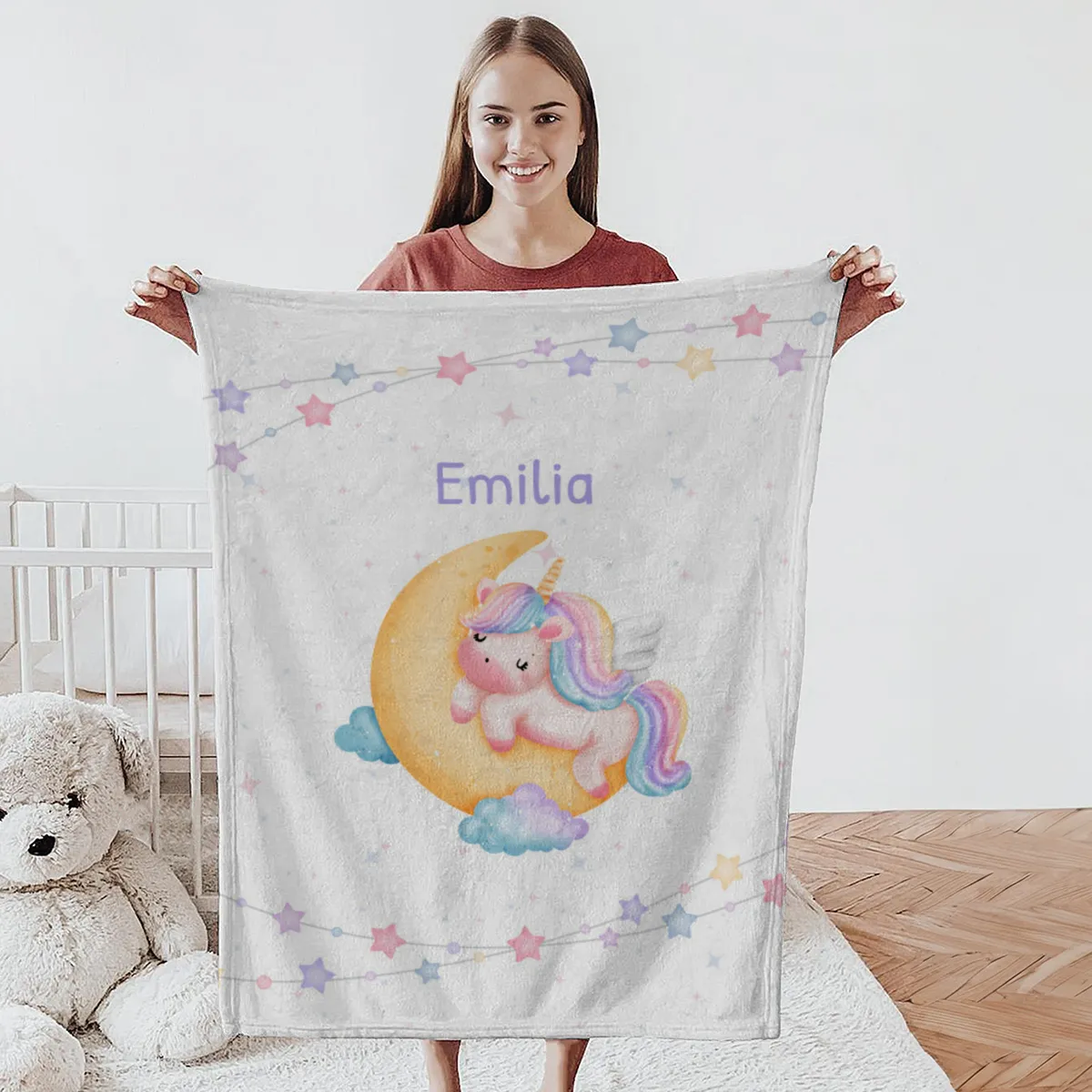 Babydecke mit Namen personalisierbar, Kuscheldecke, Namensdecke mit Einhorn, Geschenkidee Geburt Motiv Einhorn 75 x 100 cm