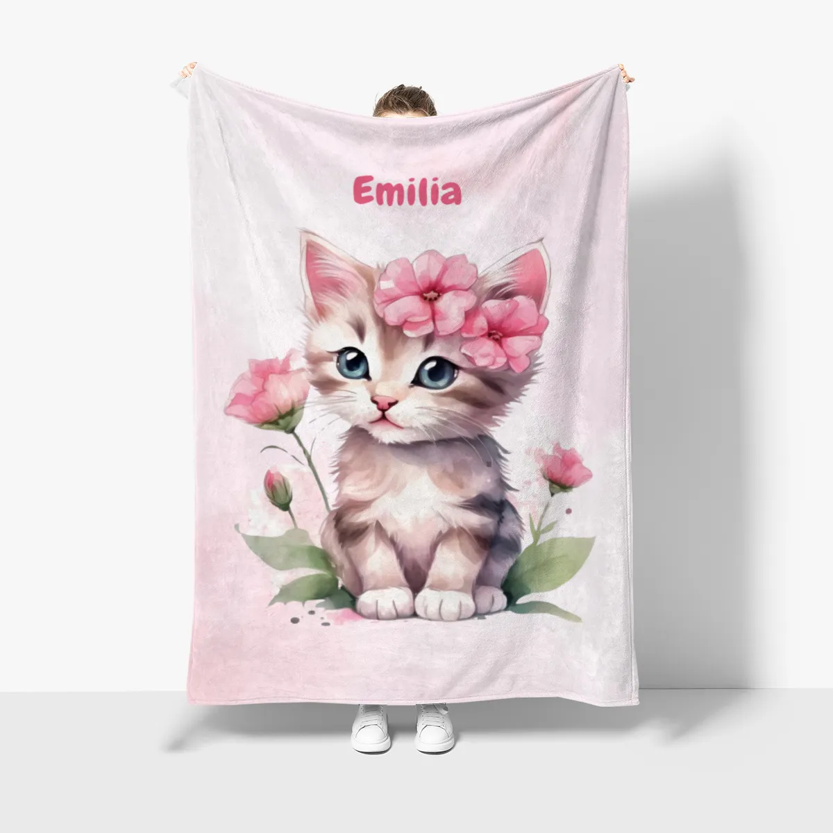 Wohndecke mit Namen personalisierbar, Kuscheldecke, Namensdecke mit süßem Kätzchen, Geschenkidee Geburtstag Motiv Katze rosa 140 x 200 cm