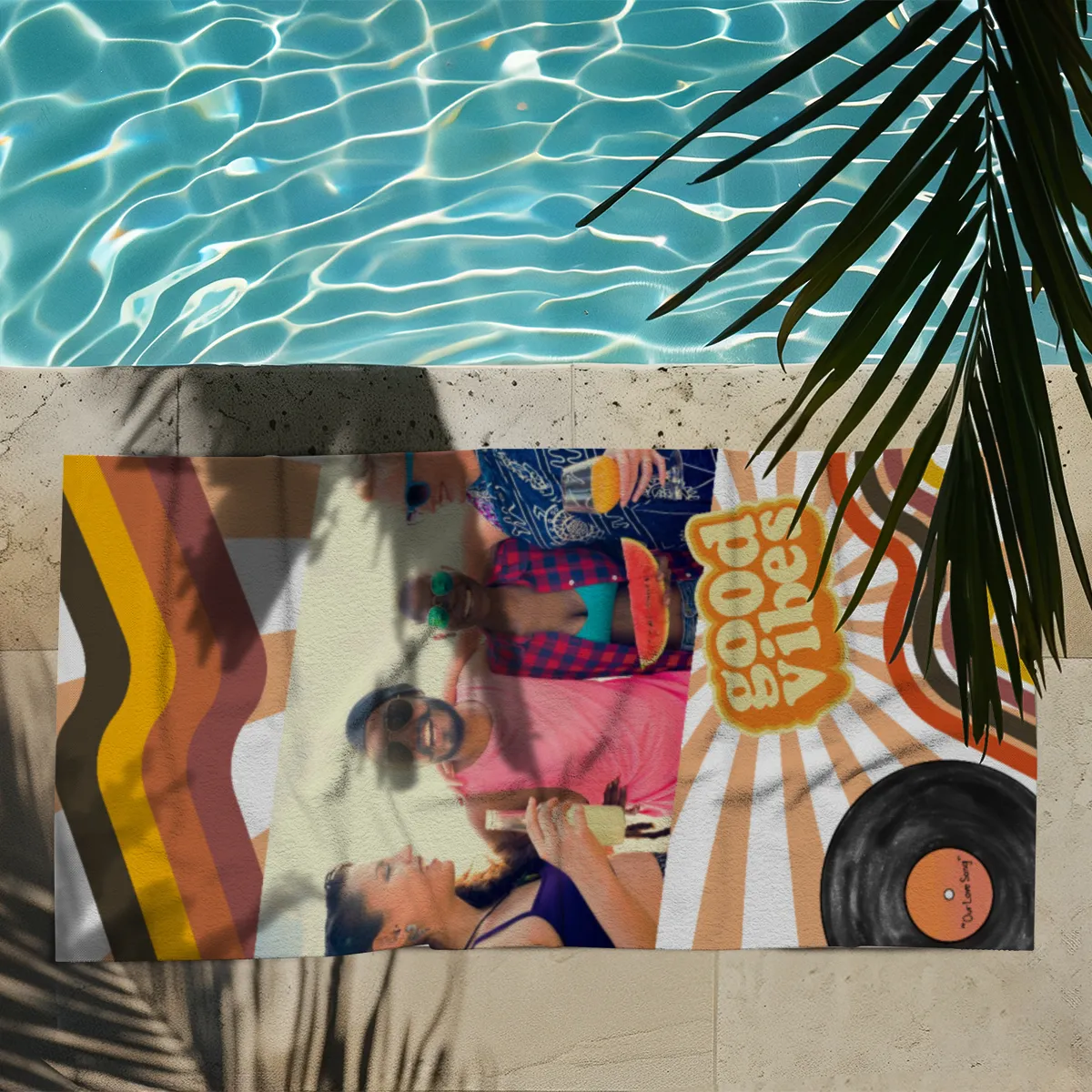 Strandtuch Good Vibes im Retro-Look - mit Foto personalisierbar - Foto-Badetuch für Urlaub, Bad, Strand - Good Vibes