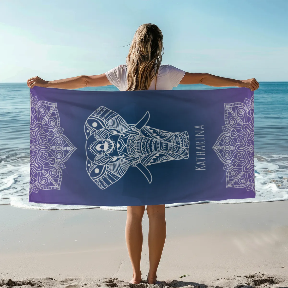 Badetuch Sommer - mit Namen personalisierbar - personalisiertes Namens-Badetuch - Strandtuch mit Wunschtext - Mandala Elefant
