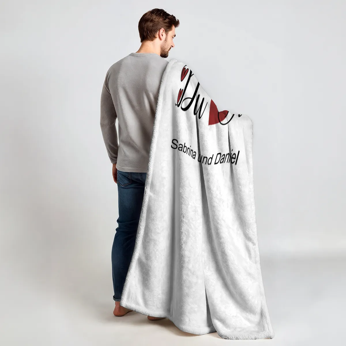 Kuscheldecke Du Ich mit Herzen - mit Namen personalisierbar - Geschenkidee für Verliebte, Valentinstag Text Herzen 140 x 200 cm