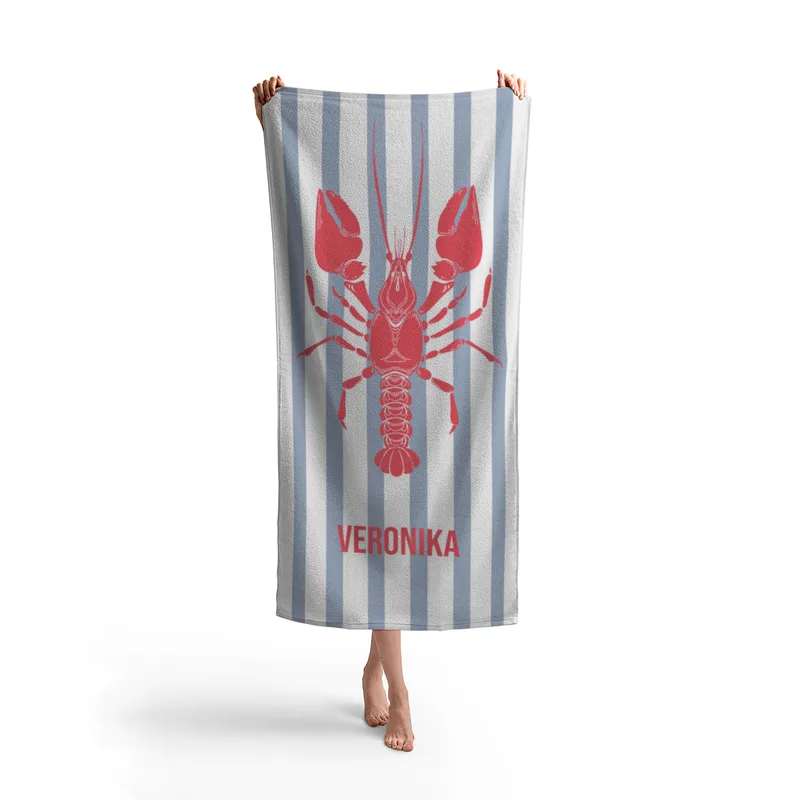 Badetuch blau gestreift mit Hummer - mit Namen personalisierbar - personalisiertes Namens-Badetuch - Strandtuch mit Wunschtext - Lobster blau