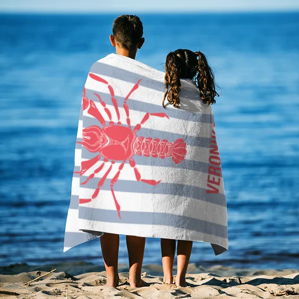 Badetuch blau gestreift mit Hummer - mit Namen personalisierbar - personalisiertes Namens-Badetuch - Strandtuch mit Wunschtext - Lobster blau