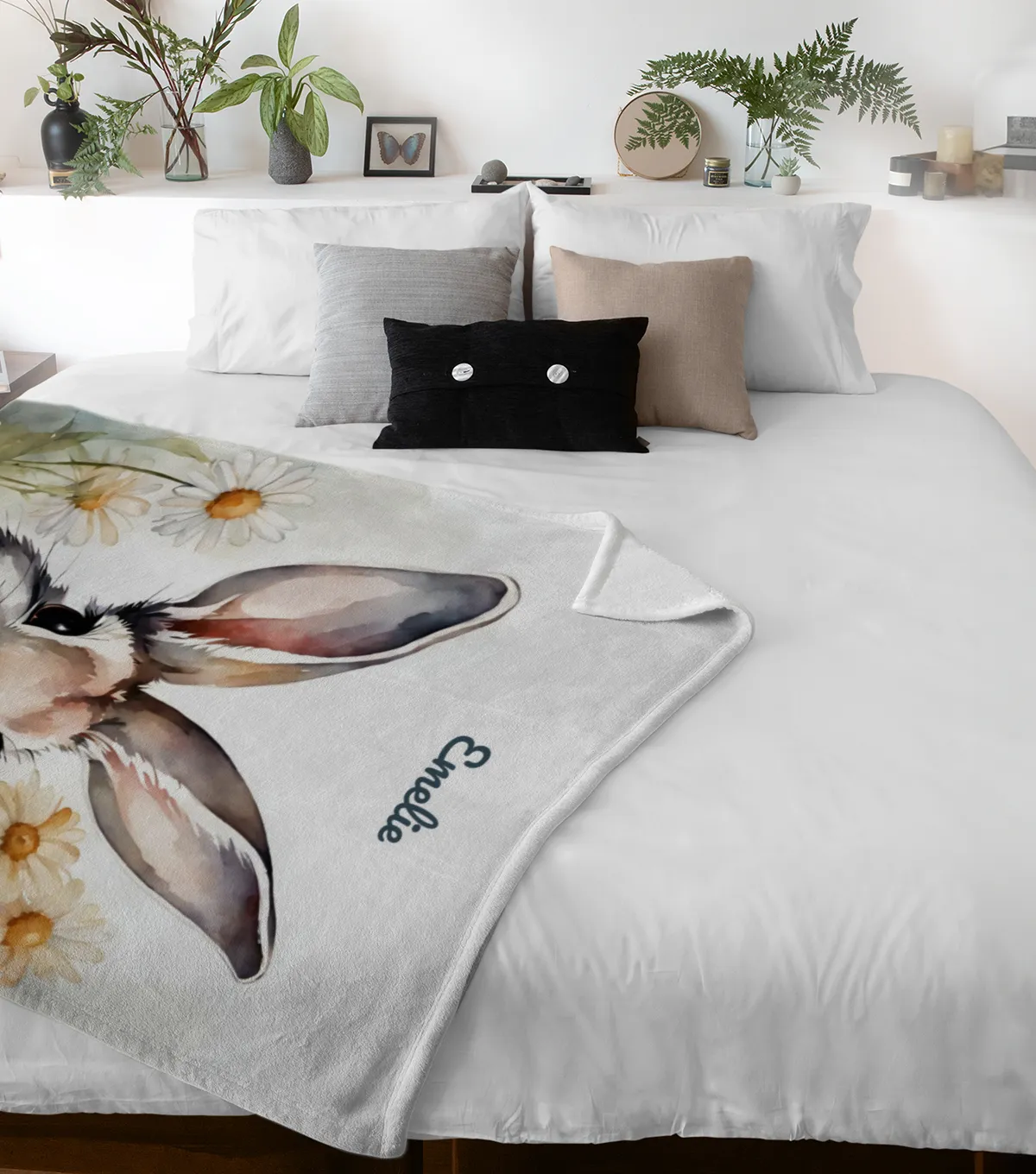 Babydecke mit Namen personalisierbar, Kuscheldecke, Namensdecke mit Häschen, Geschenkidee Geburt Motiv Hase Blümchen 75 x 100 cm