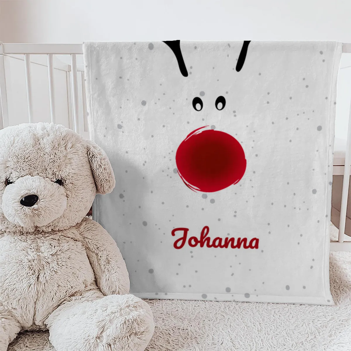 Personalisierte Babydecke Rentiernase - Babydecke mit Namen und Rentiermotiv - Babydecke mit Namen personalisierbar - Geschenkidee Weihnachten Baby Rentiernase 75 x 100 cm