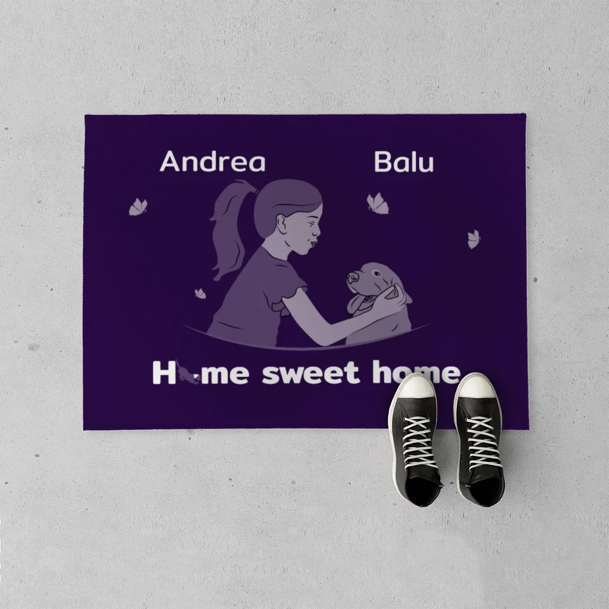 Personalisierte Fußmatte Pärchen mit Hund und Katze schwarz 70 x 50 cm