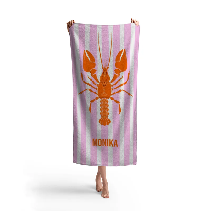 Badetuch blau gestreift mit Hummer - mit Namen personalisierbar - personalisiertes Namens-Badetuch - Strandtuch mit Wunschtext - Lobster blau
