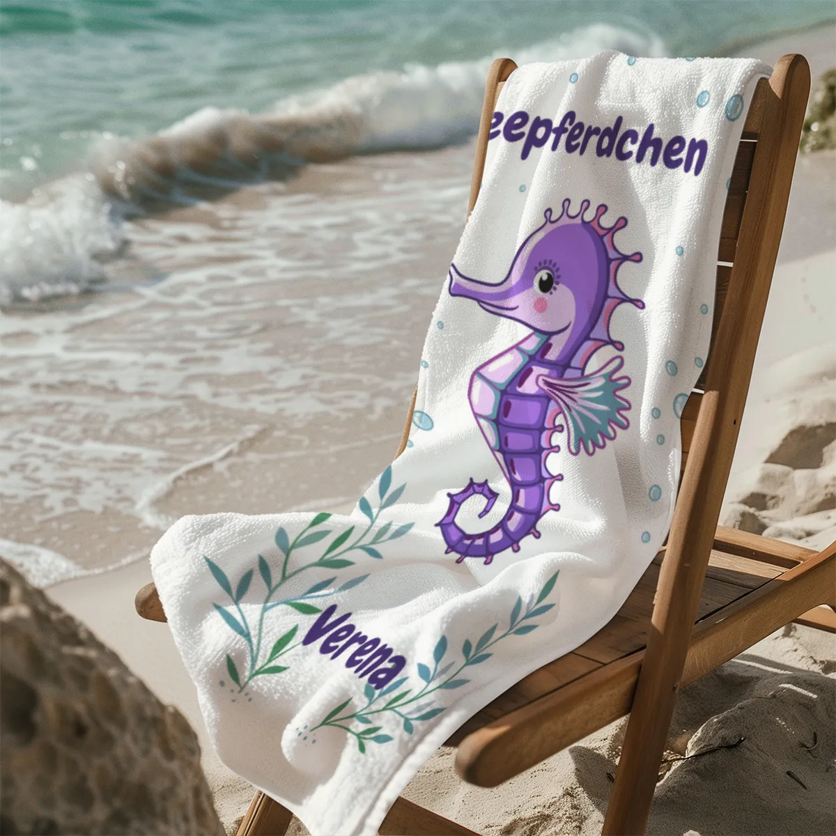 Duschtuch mit Namen personalisierbar - personalisiertes Namens-Duschtuch mit Wunschtext - Seepferdchen blau