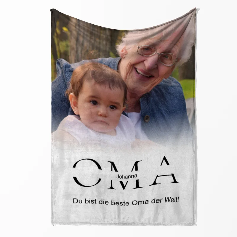 Kuscheldecke Oma 140 x 200 cm - mit Foto und 2 Texten personalisierbar - Fotodecke selbst gestalten - Geschenkidee Muttertag, Geburtstag OMA white