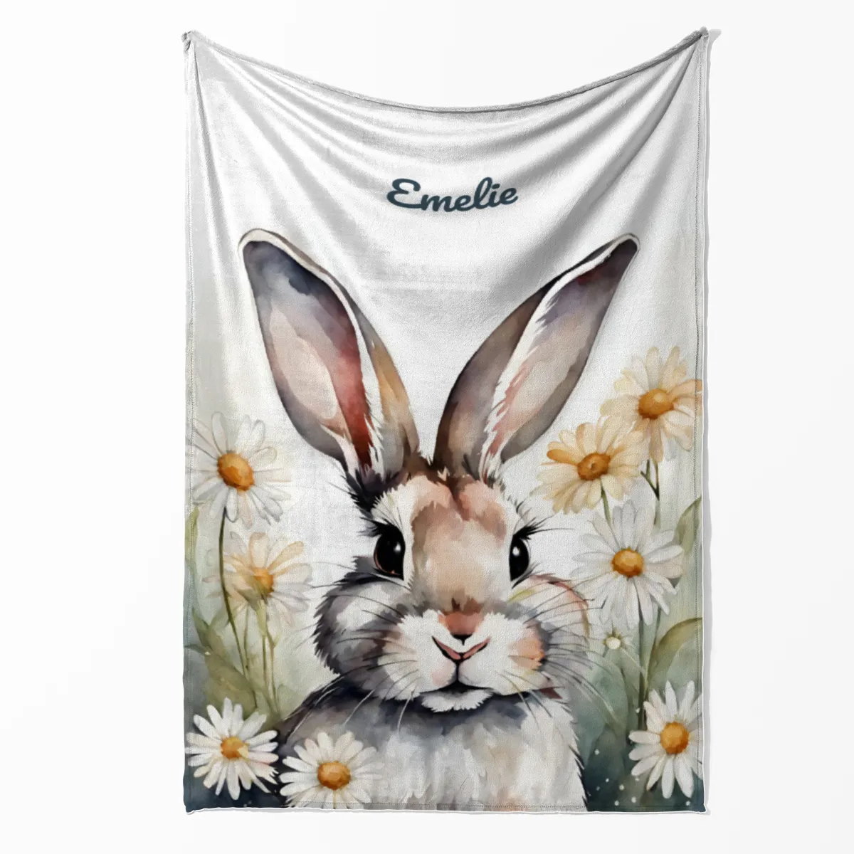 Babydecke mit Namen personalisierbar, Kuscheldecke, Namensdecke mit Häschen, Geschenkidee Geburt Motiv Hase Blümchen 75 x 100 cm