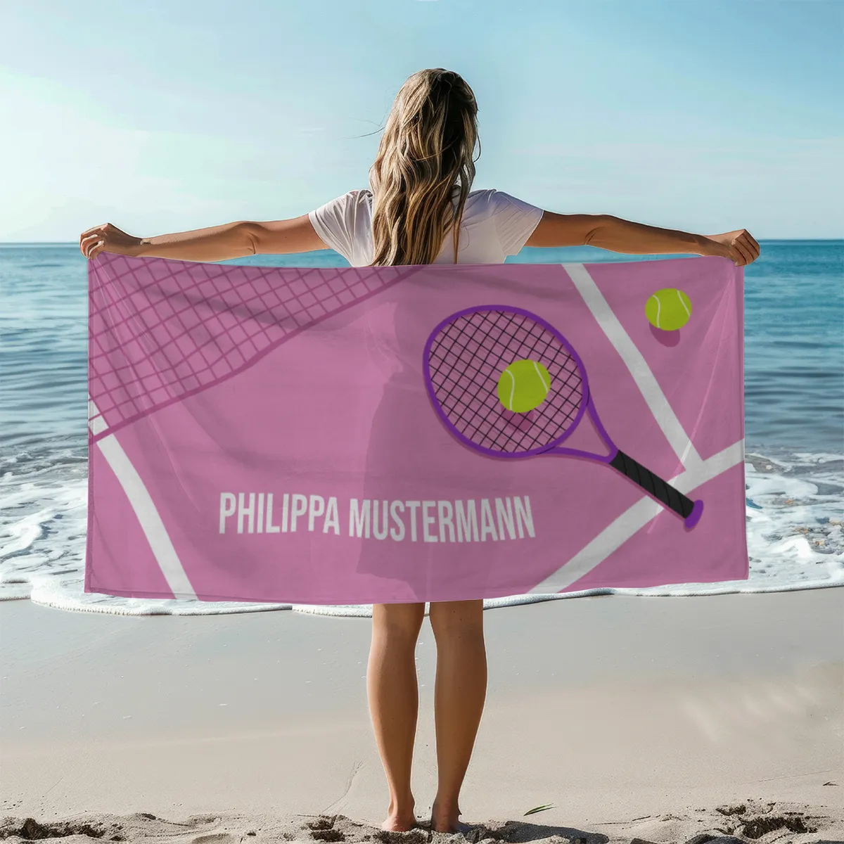 Badetuch Sport - mit Namen personalisierbar - personalisiertes Namens-Badetuch - Strandtuch mit Wunschtext - Tennis orange