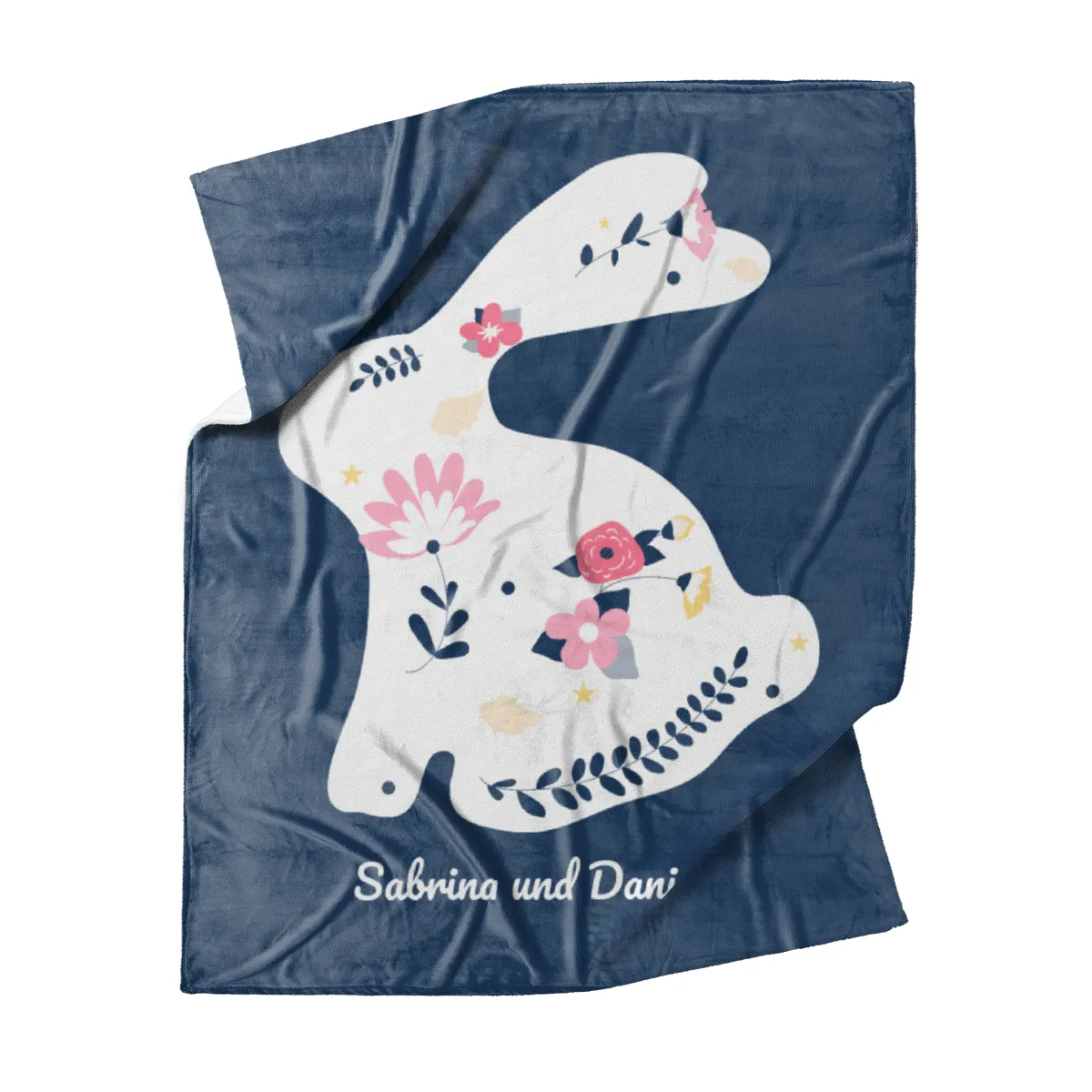 Kuscheldecke Hase mit Blüten - mit Namen personalisierbar - Geschenkidee Geburtstag, Ostern Hase mit Blüten 125 x 155 cm