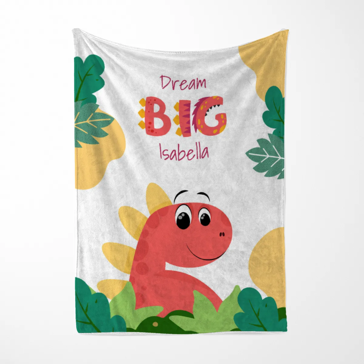 Wohndecke Dream big mit Namen personalisierbar, Kuscheldecke, Namensdecke mit niedlichem Dino, Geschenkidee Geburtstag Motiv Dino rot 140 x 200 cm