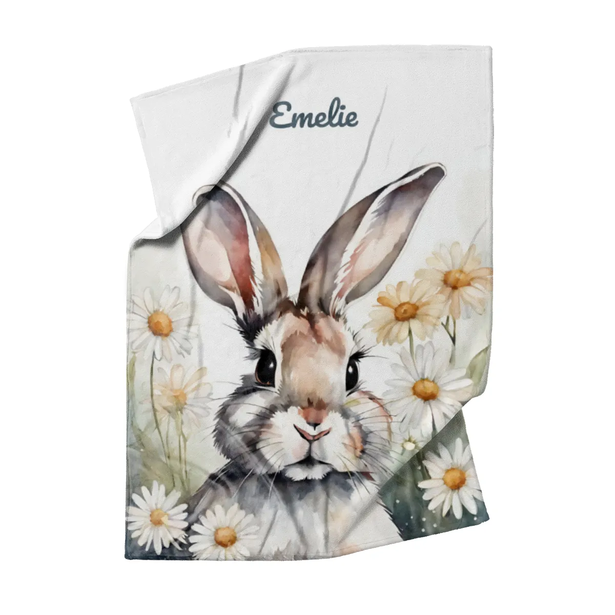Babydecke mit Namen personalisierbar, Kuscheldecke, Namensdecke mit Häschen, Geschenkidee Geburt Motiv Hase Blümchen 75 x 100 cm