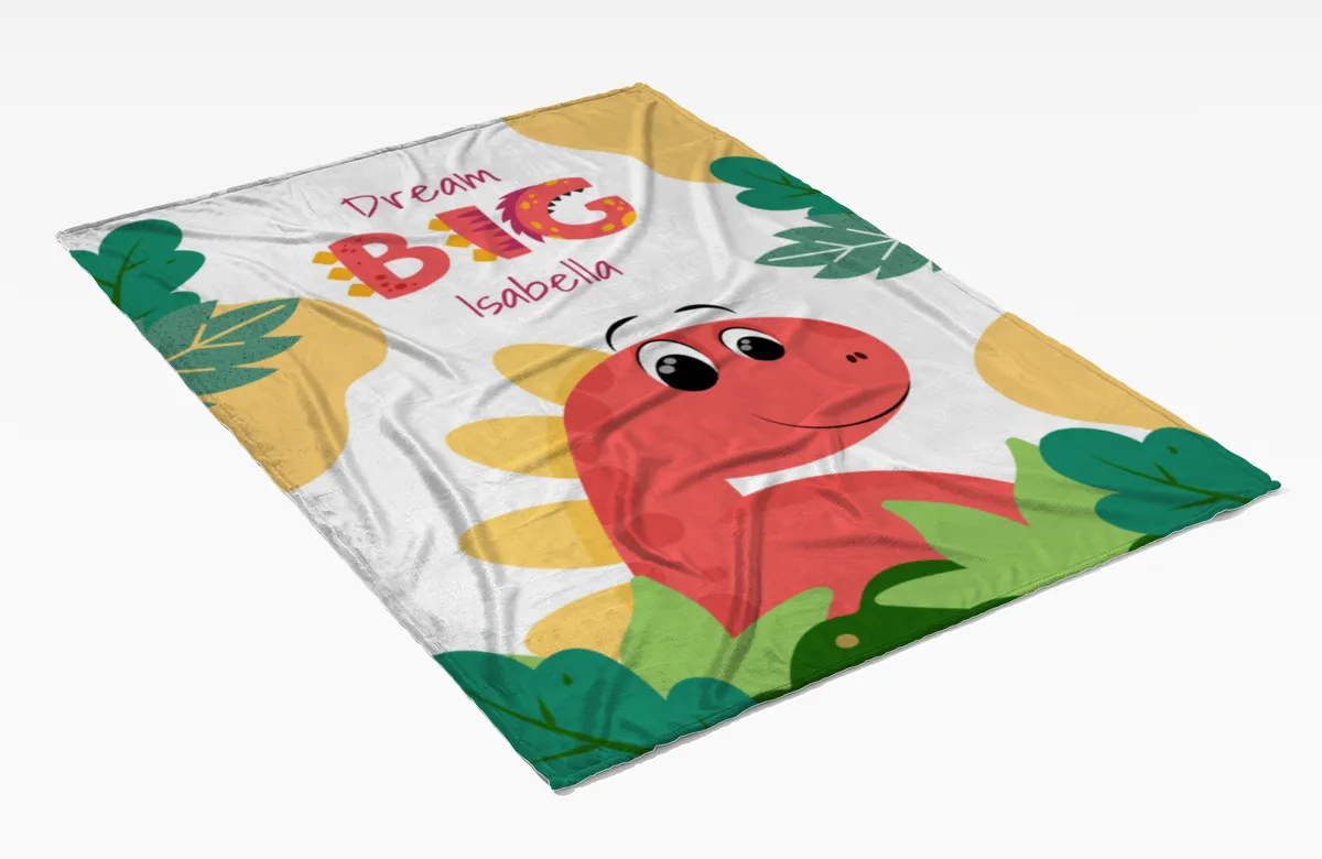 Wohndecke Dream big mit Namen personalisierbar, Kuscheldecke, Namensdecke mit niedlichem Dino, Geschenkidee Geburtstag Motiv Dino rot 140 x 200 cm