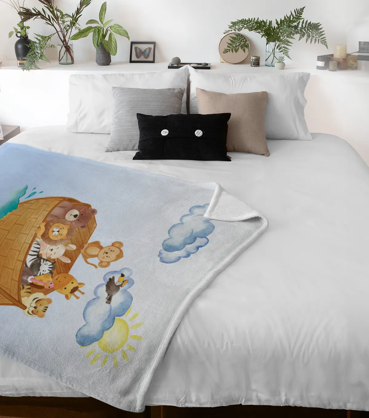 Wohndecke mit Namen personalisierbar, Kuscheldecke, Namensdecke mit niedlichem Tiermotiv, Geschenkidee Geburtstag Motiv Tiere Arche 140 x 200 cm