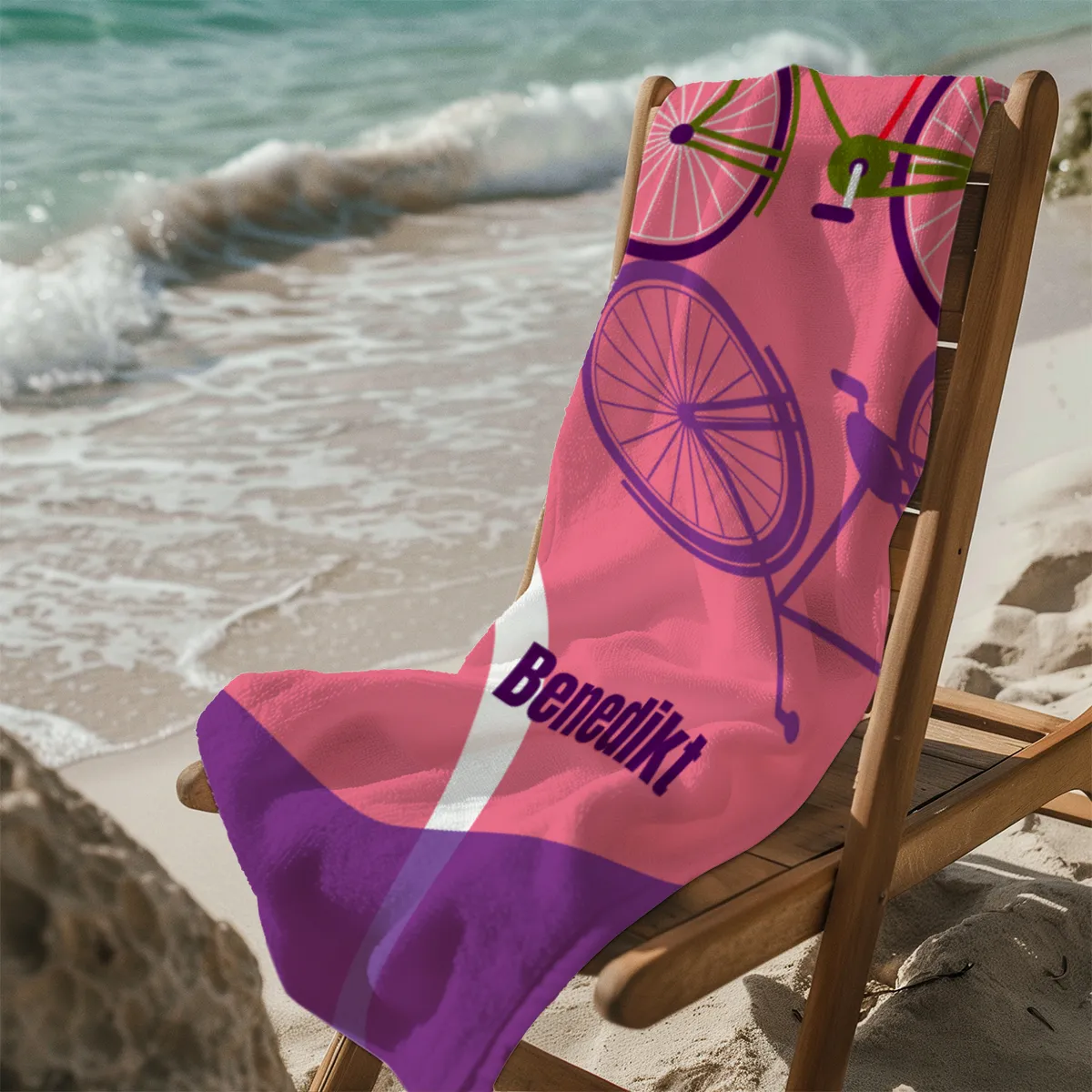 Badetuch Sport - mit Namen personalisierbar - personalisiertes Namens-Badetuch - Strandtuch mit Wunschtext - Fahrrad Schatten