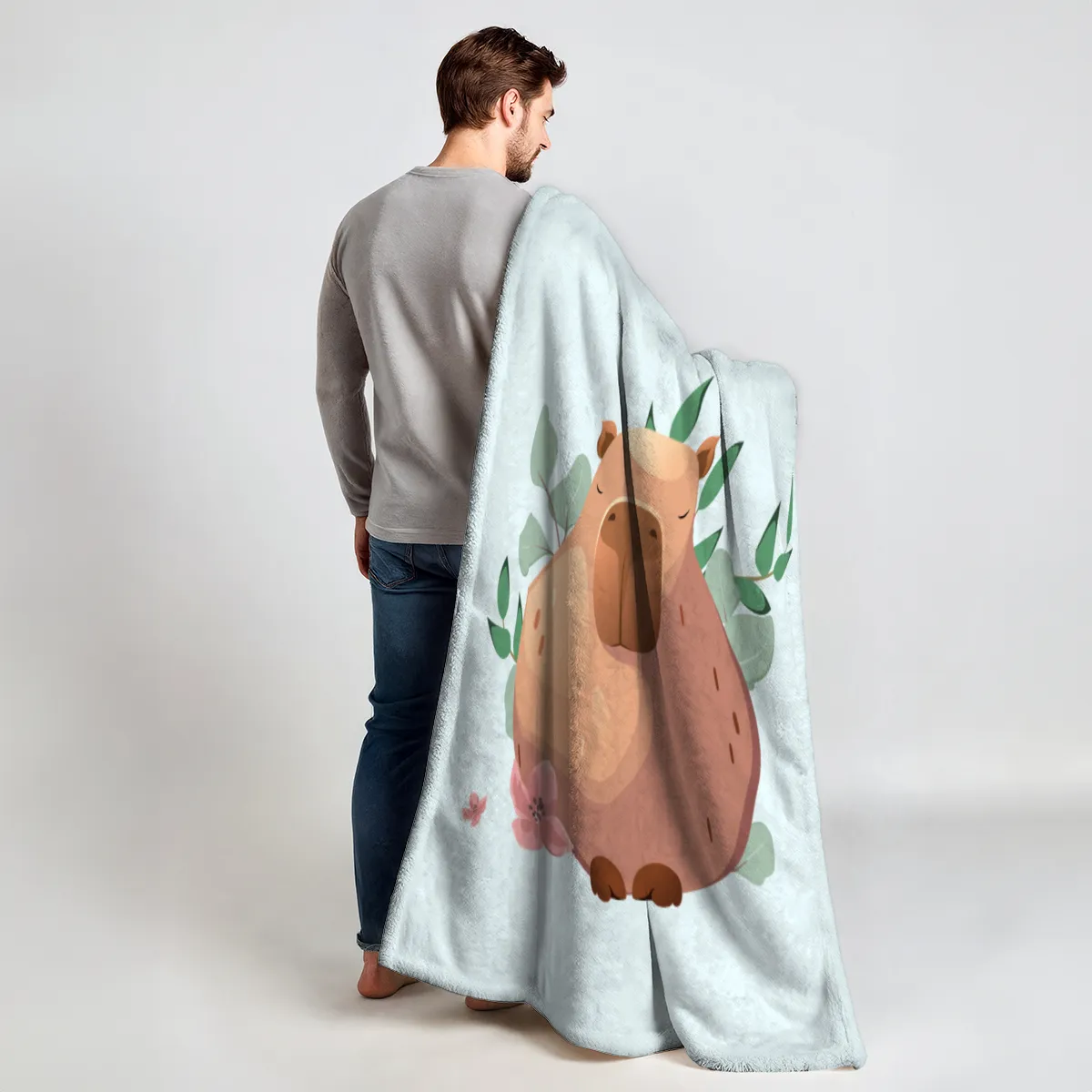 Wohndecke mit Namen personalisierbar, Kuscheldecke, niedliche Namensdecke mit Capybara, Geschenkidee Geburtstag Motiv Capy Wintermütze 140 x 200 cm