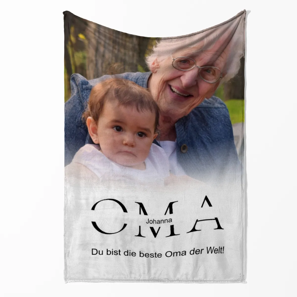 Kuscheldecke Oma 140 x 200 cm - mit Foto und 2 Texten personalisierbar - Fotodecke selbst gestalten - Geschenkidee Muttertag, Geburtstag OMA white