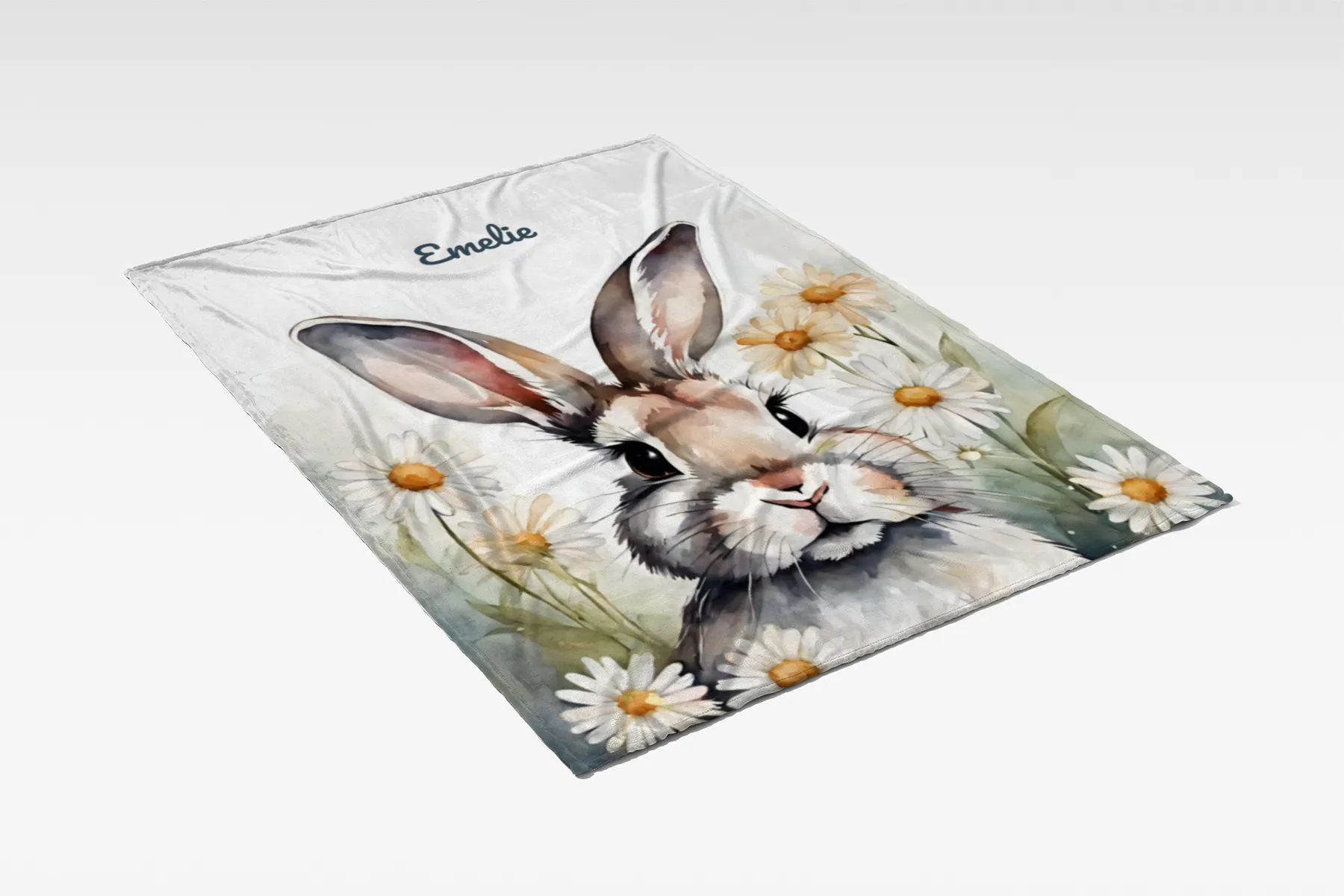 Babydecke mit Namen personalisierbar, Kuscheldecke, Namensdecke mit Häschen, Geschenkidee Geburt Motiv Hase Blümchen 75 x 100 cm