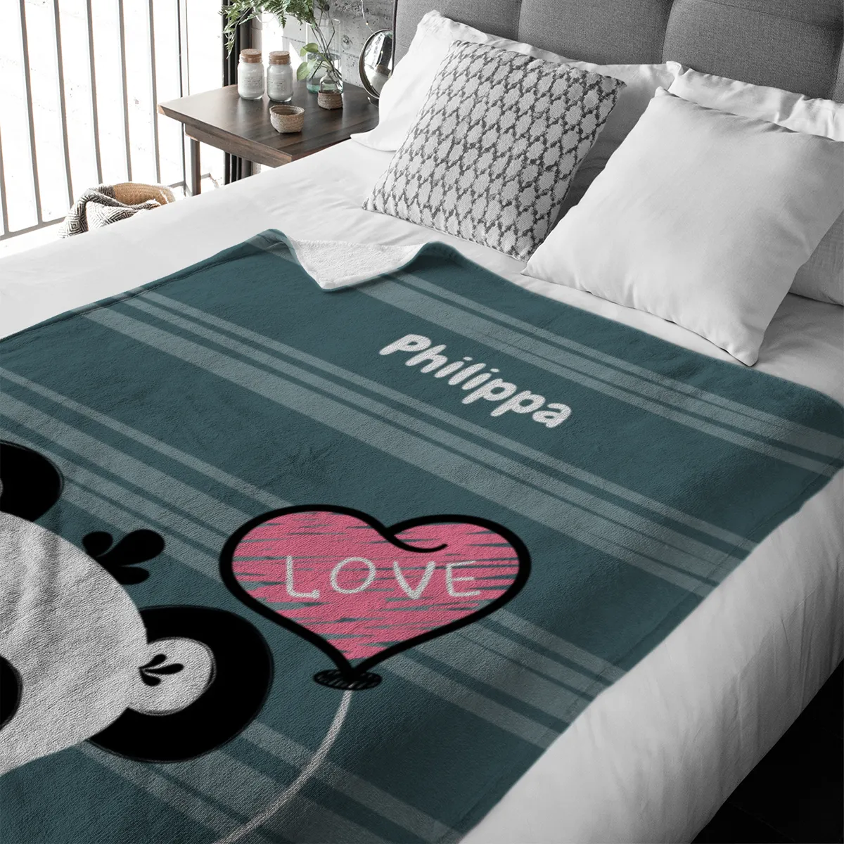 Babydecke mit Namen personalisierbar, Kuscheldecke, Namensdecke mit niedlichem Tiermotiv, Geschenkidee Geburtstag Motiv Panda Love 75 x 100 cm