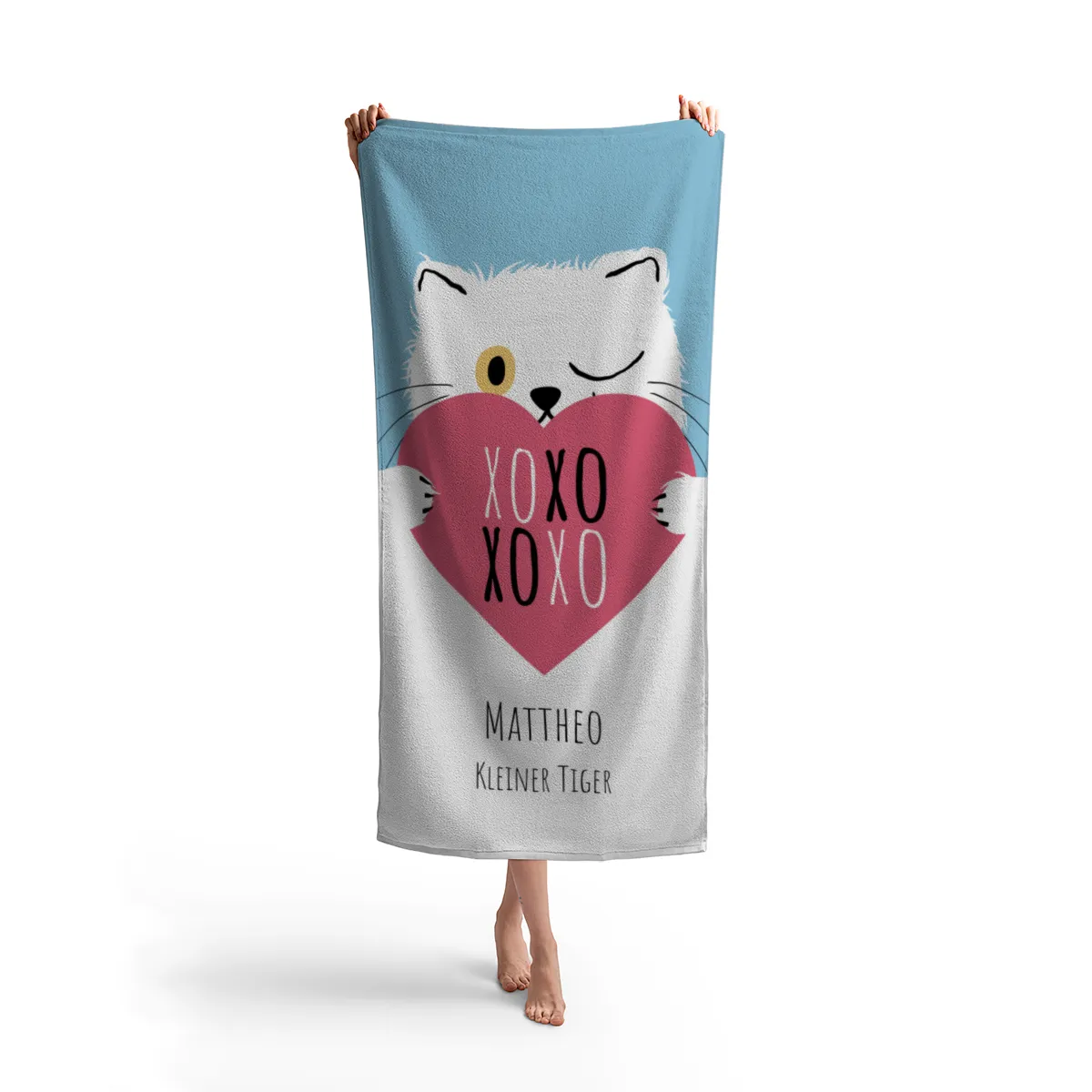 Duschtuch mit Namen personalisierbar - personalisiertes Namens-Duschtuch mit Wunschtext - XOXO Katze