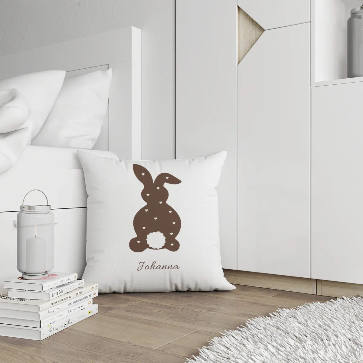 Namenskissen Ostern - Samtkissenbezug Hase Frohe Ostern - mit Namen personalisierbar - Osterdeko - Geschenkidee Ostern Hase Herzen 40 x 40 cm