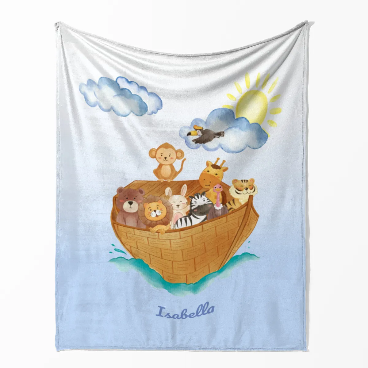 Wohndecke mit Namen personalisierbar, Kuscheldecke, Namensdecke mit niedlichem Tiermotiv, Geschenkidee Geburtstag Motiv Tiere Arche 140 x 200 cm
