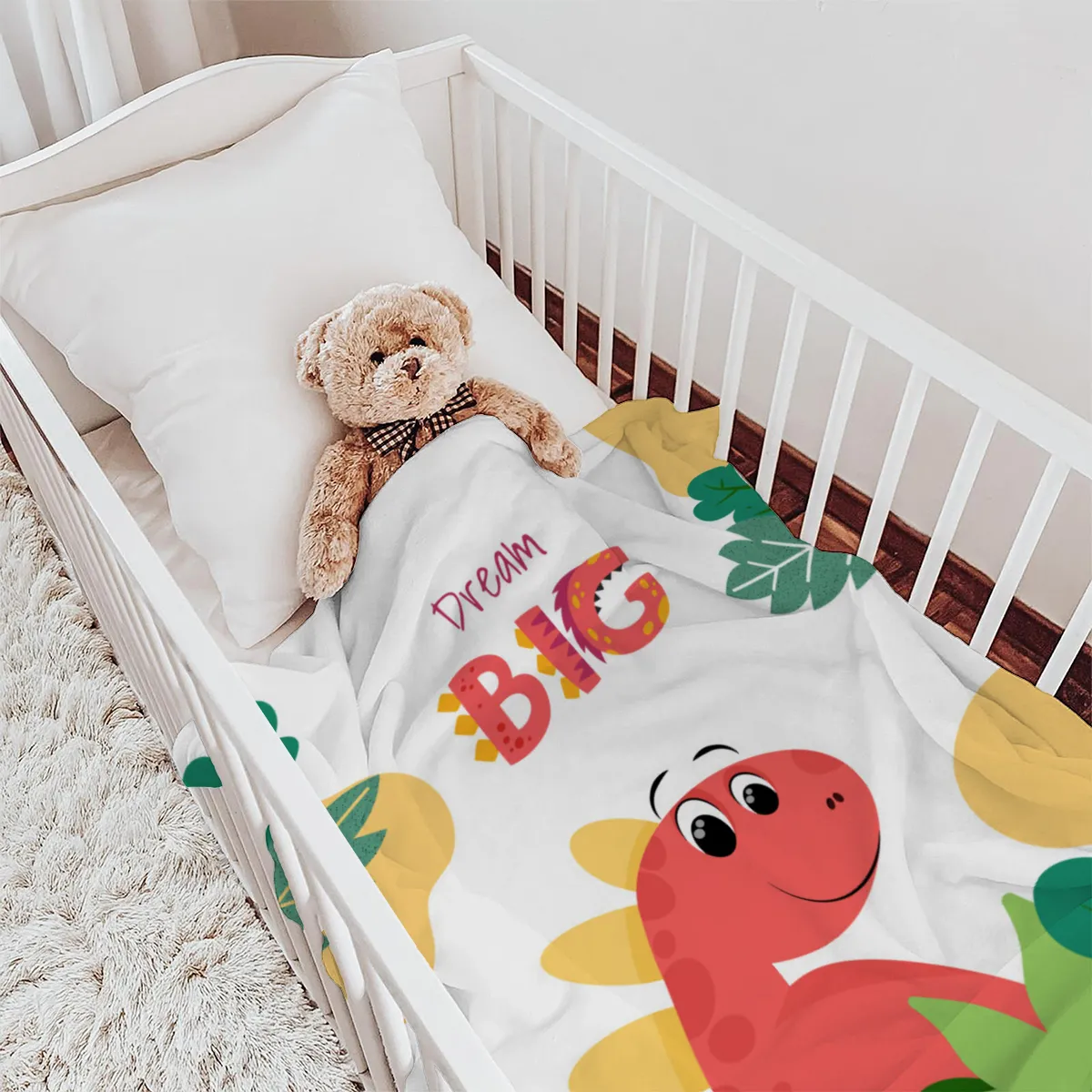 Wohndecke Dream big mit Namen personalisierbar, Kuscheldecke, Namensdecke mit niedlichem Dino, Geschenkidee Geburtstag Motiv Dino rot 140 x 200 cm