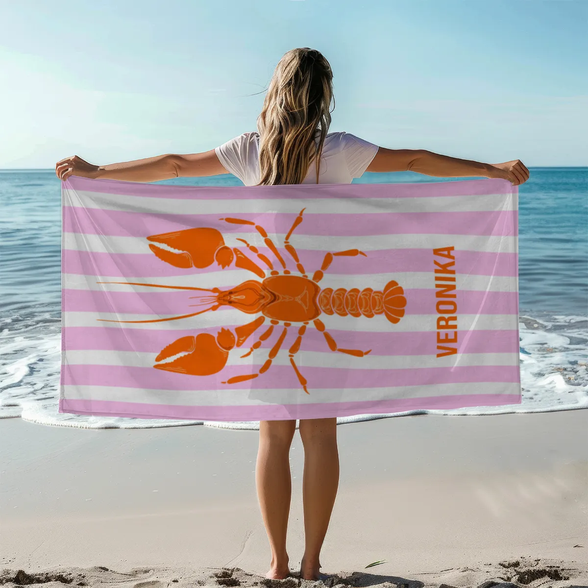 Badetuch blau gestreift mit Hummer - mit Namen personalisierbar - personalisiertes Namens-Badetuch - Strandtuch mit Wunschtext - Lobster blau