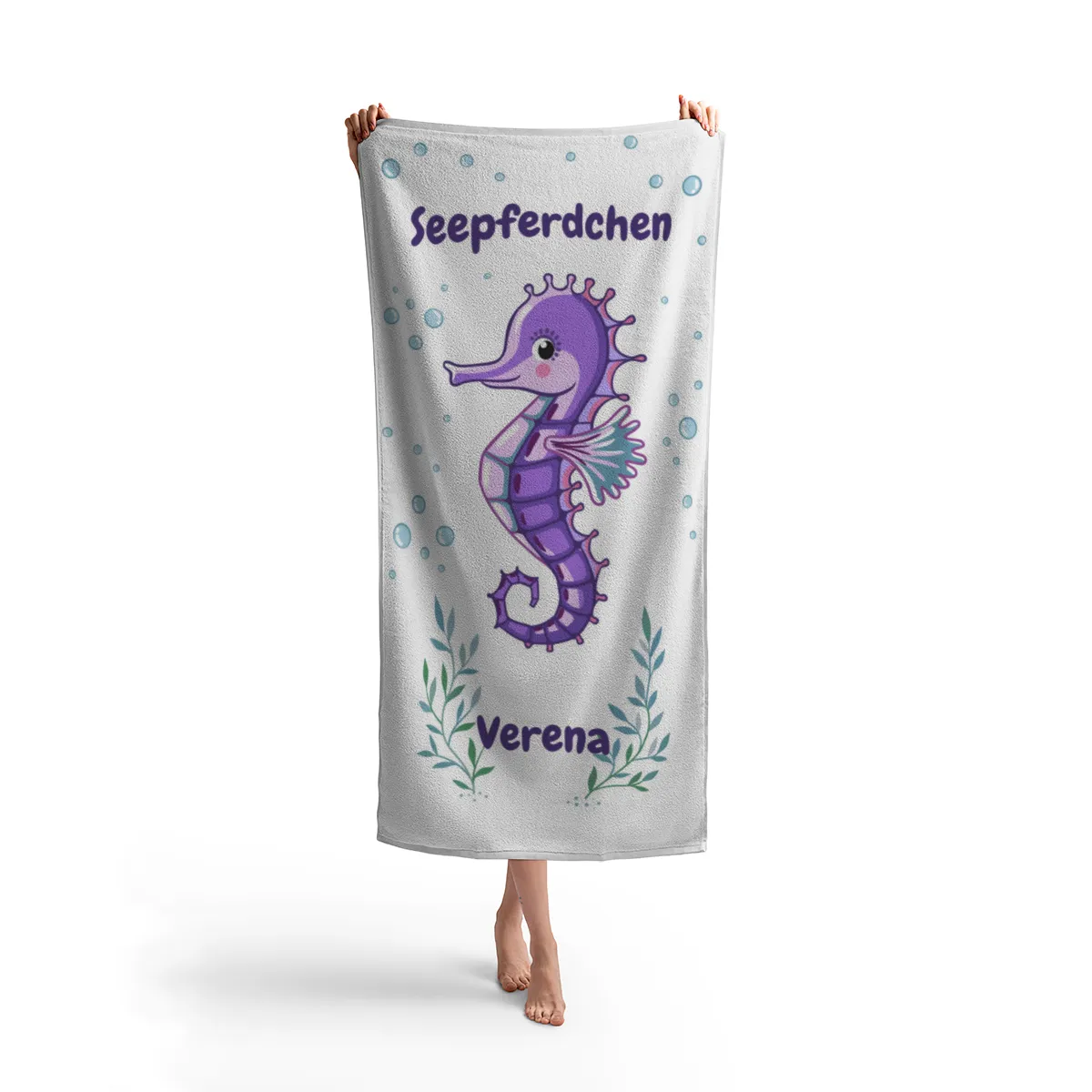 Duschtuch mit Namen personalisierbar - personalisiertes Namens-Duschtuch mit Wunschtext - Seepferdchen blau