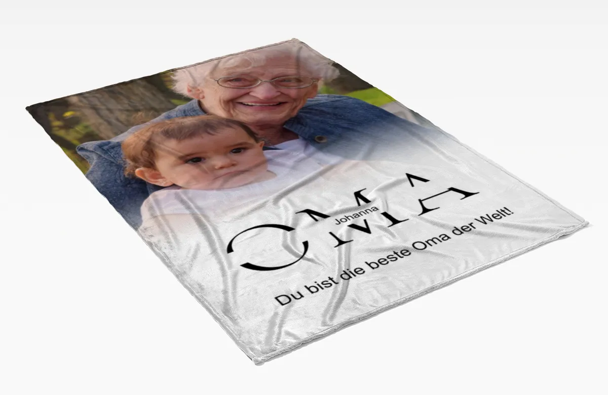 Kuscheldecke Oma 140 x 200 cm - mit Foto und 2 Texten personalisierbar - Fotodecke selbst gestalten - Geschenkidee Muttertag, Geburtstag OMA white