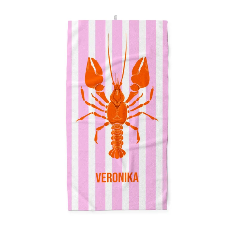 Handtuch pink gestreift mit Hummer - mit Namen personalisierbar - personalisiertes Namenshandtuch - Lobster pink