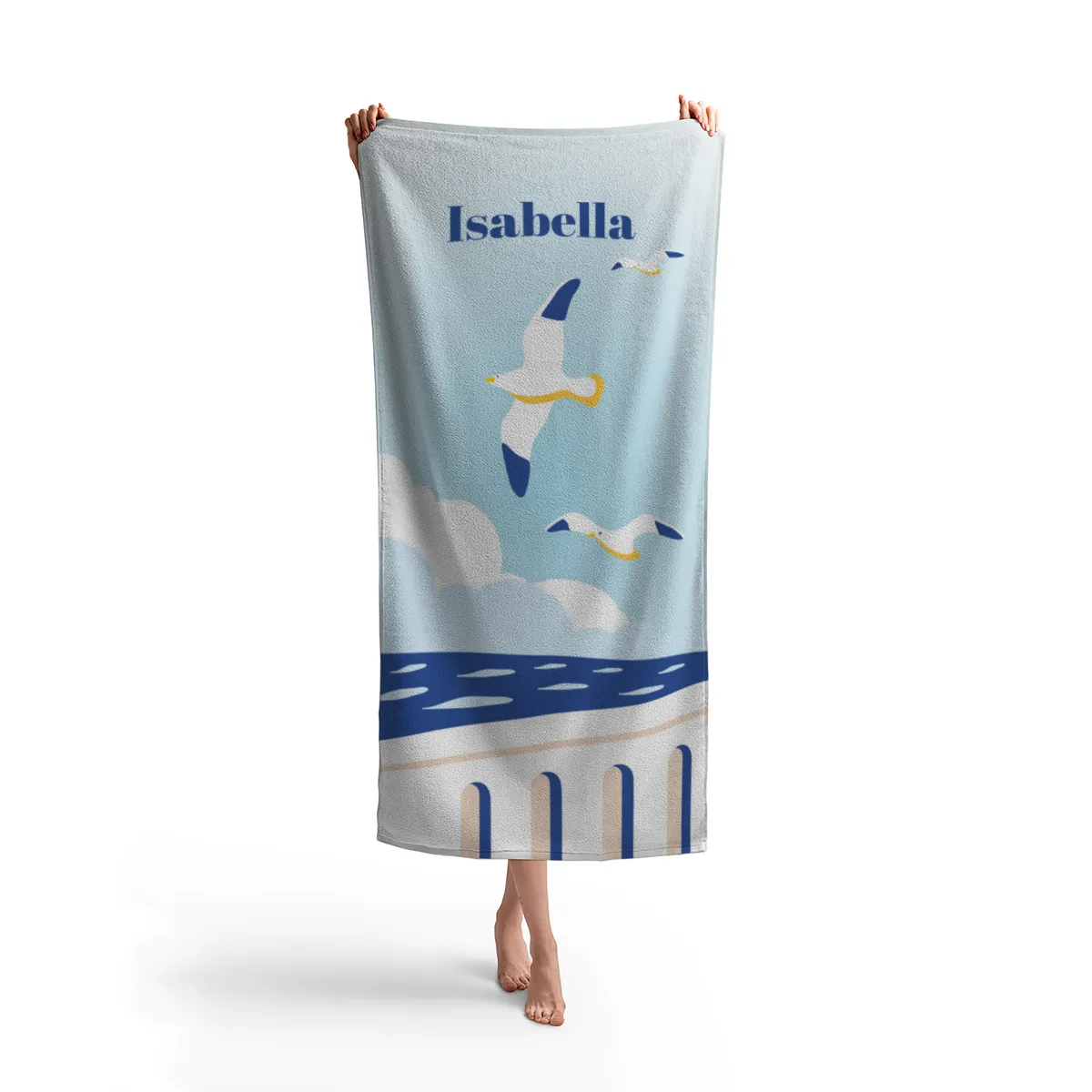 Badetuch Sommer - mit Namen personalisierbar - personalisiertes Namens-Badetuch - Strandtuch mit Wunschtext - Möwen