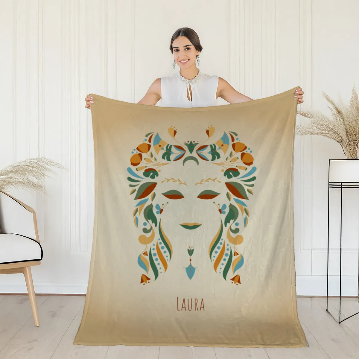 Sternzeichen Wohndecke Wassermann floral mit Namen personalisierbar