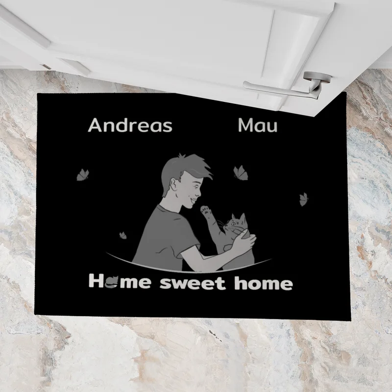 Personalisierte Fußmatte Pärchen mit Hund und Katze schwarz 70 x 50 cm