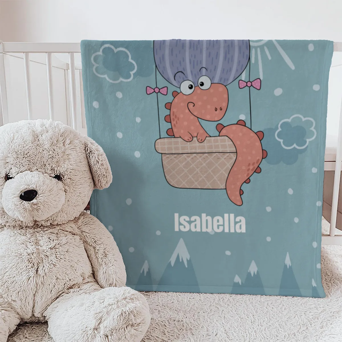 Babydecke mit Namen personalisierbar, Kuscheldecke, Namensdecke mit niedlichem Tiermotiv, Geschenkidee Geburtstag Motiv Luftfahrer Dino 75 x 100 cm