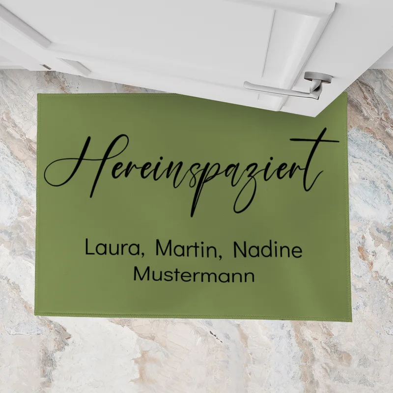 Fußmatte mit Namen personalisierbar - Geschenkidee Einzug, Geburtstag, Richtfest, Umzug - Fussmatte mit Namen - Motiv Hereinspaziert schwarz 70 x 50 cm