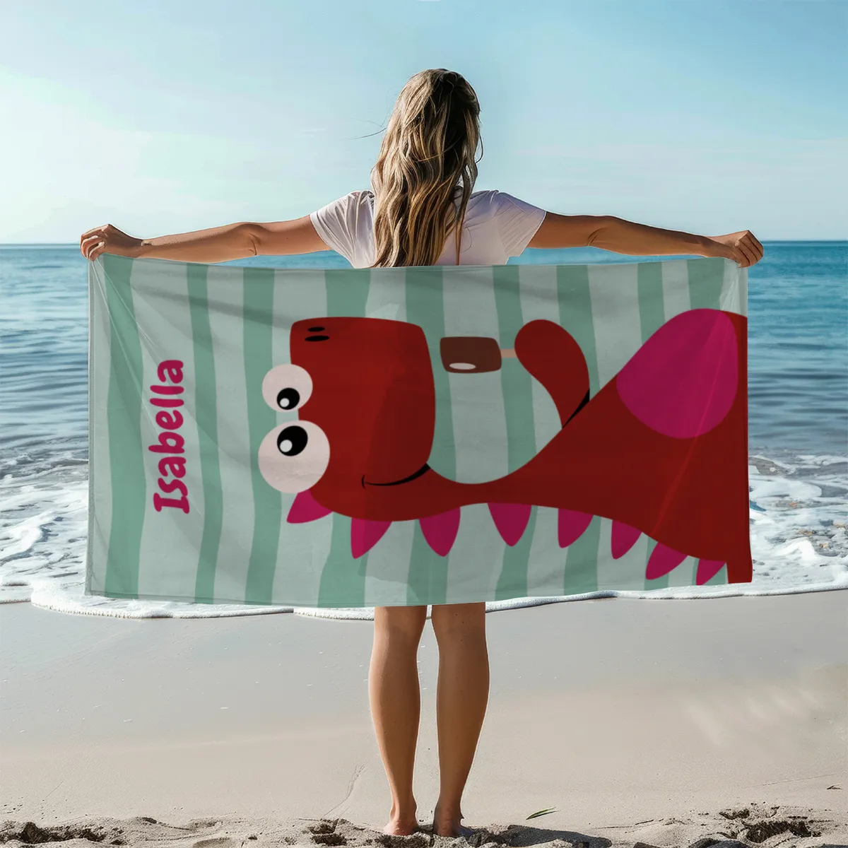 Dinosaurier-Badetuch mit Namen personalisierbar - personalisiertes Namens-Strandtuch - Kinderbadetuch mit Wunschtext - Dino Ice rot