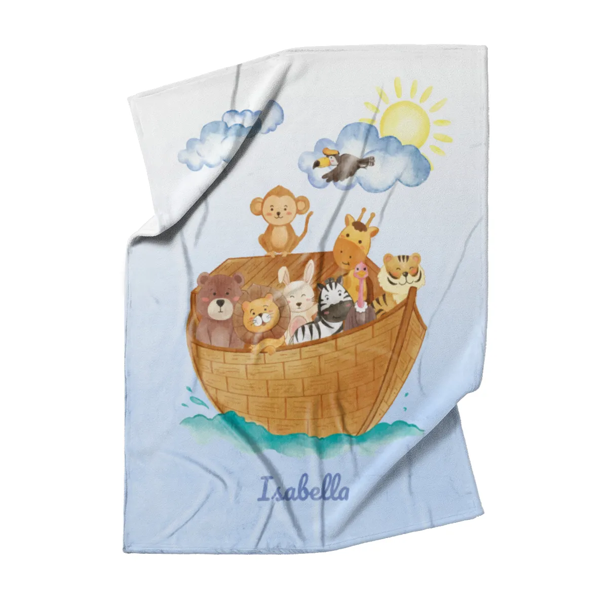 Wohndecke mit Namen personalisierbar, Kuscheldecke, Namensdecke mit niedlichem Tiermotiv, Geschenkidee Geburtstag Motiv Tiere Arche 140 x 200 cm