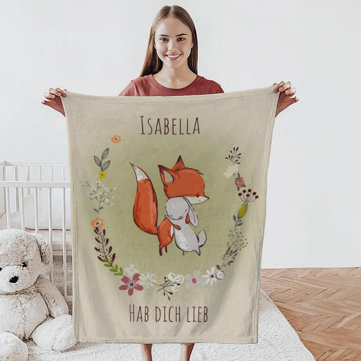 Babydecke mit Namen personalisierbar, Kuscheldecke, Namensdecke mit niedlichem Tiermotiv, Geschenkidee Geburtstag Motiv Fuchs und Hase 75 x 100 cm