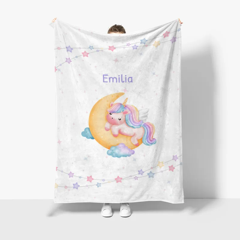 Babydecke mit Namen personalisierbar, Kuscheldecke, Namensdecke mit Einhorn, Geschenkidee Geburt Motiv Einhorn 75 x 100 cm